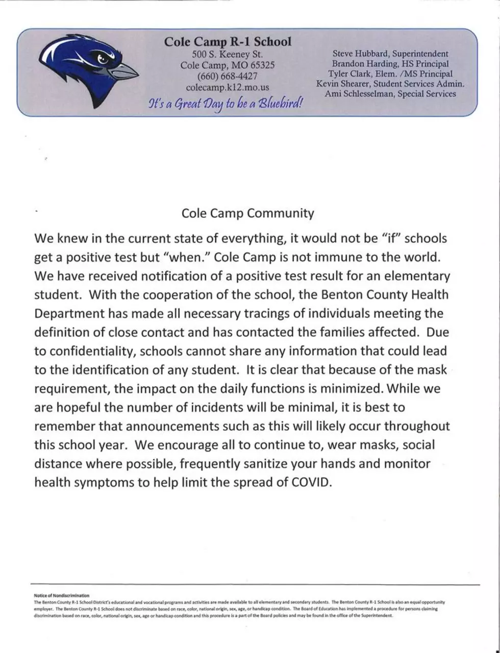 Cole Camp R-1 Elementary Student Tests Positive for COVID-19