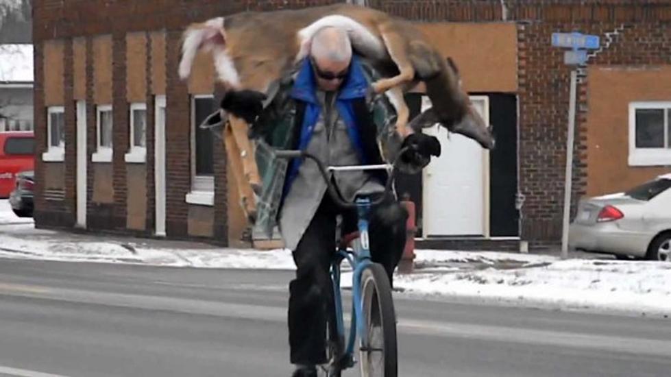 Man Rides to Butcher on Bicycle with His Doe on His Back
