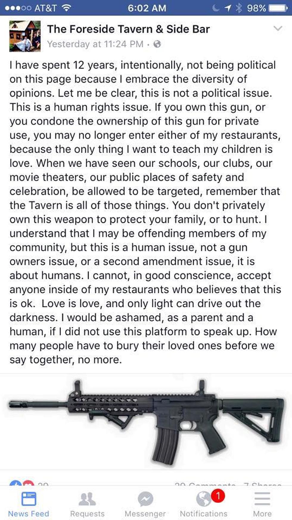 Owner Of &#8216;Grace&#8217; Portland And &#8216;Foreside Tavern&#8217; Falmouth Is Banning Customers Who Condone Or Own Certain Guns