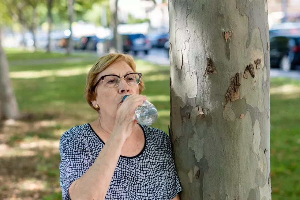 Portrait older woman drinking water from a plastic bottle, leaning on a tree.