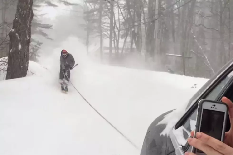 Skiing Behind Car on Snowy Roads in Maine [VIDEO]