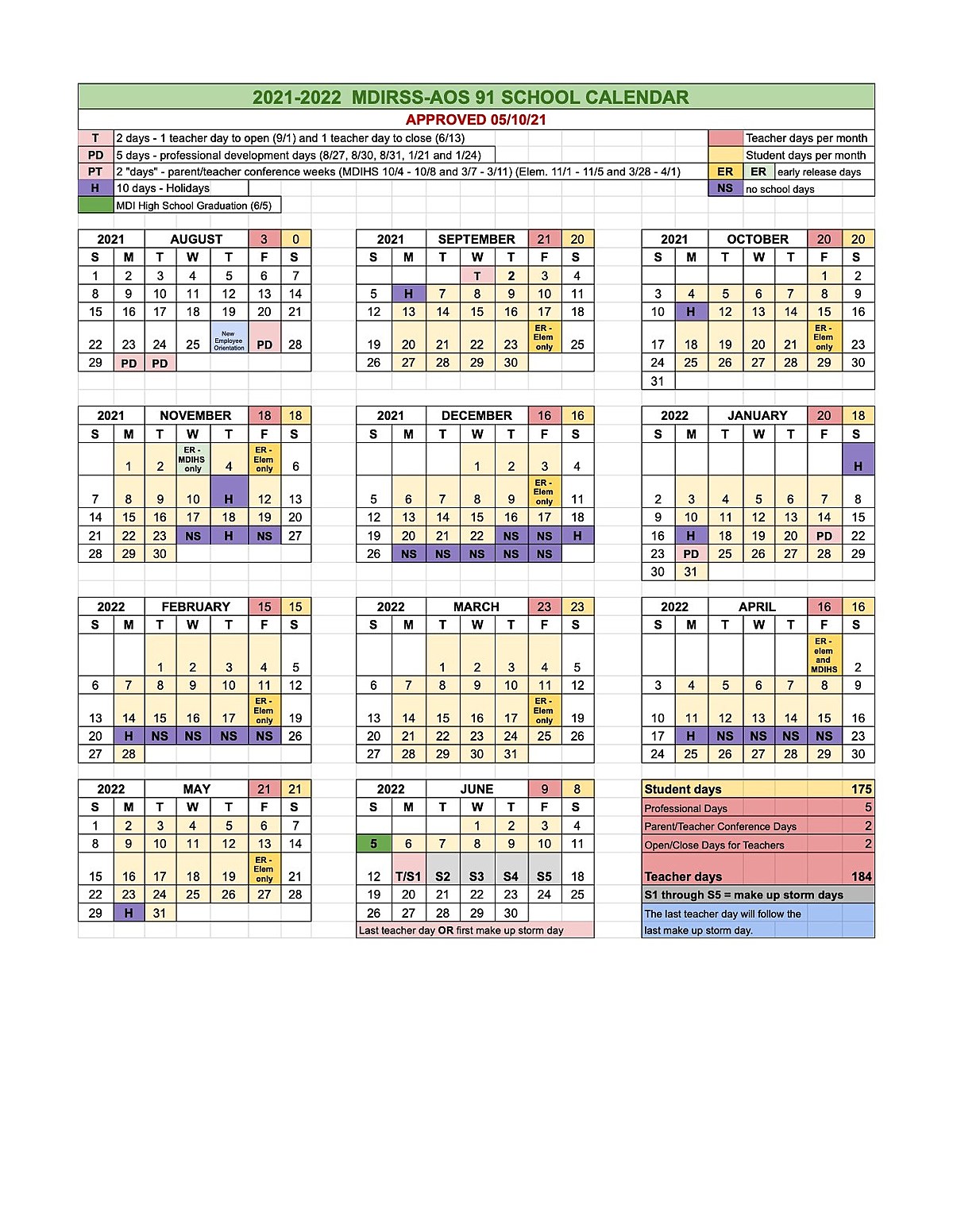 2021-2022 School Calendar For Aos 91