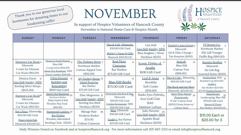 Hospice Volunteers of Hancock County’s November Calendar Raffle