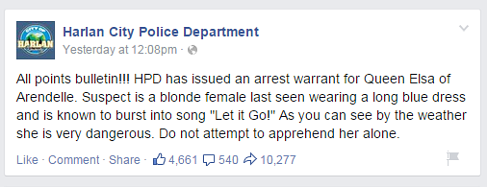 Kentucky Police Department Puts a Warrant Out On Ice Queen Elsa