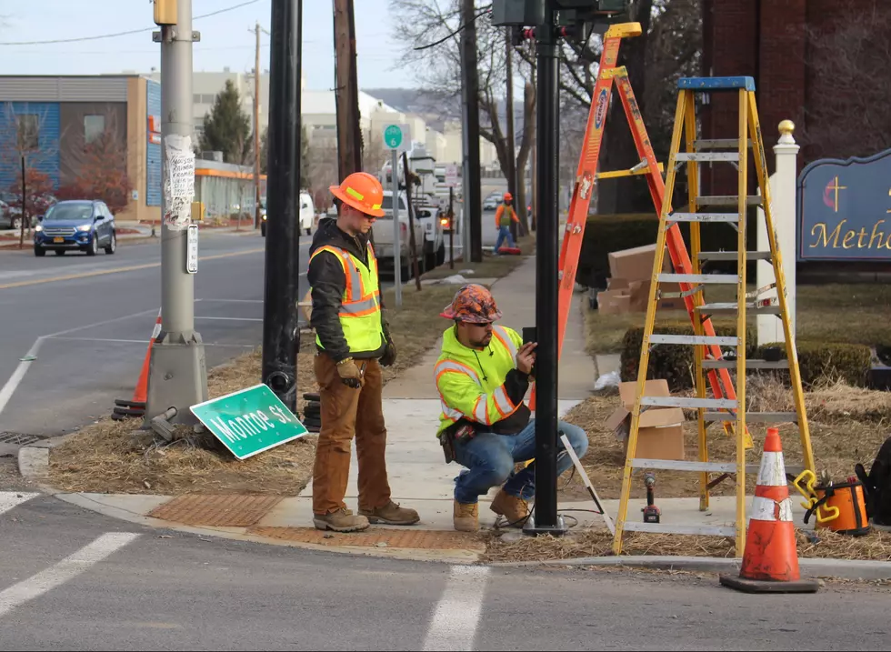 Installation work on new traffic signals in Endicott on March 14, 2019. (Photo: Bob Joseph/WNBF News)