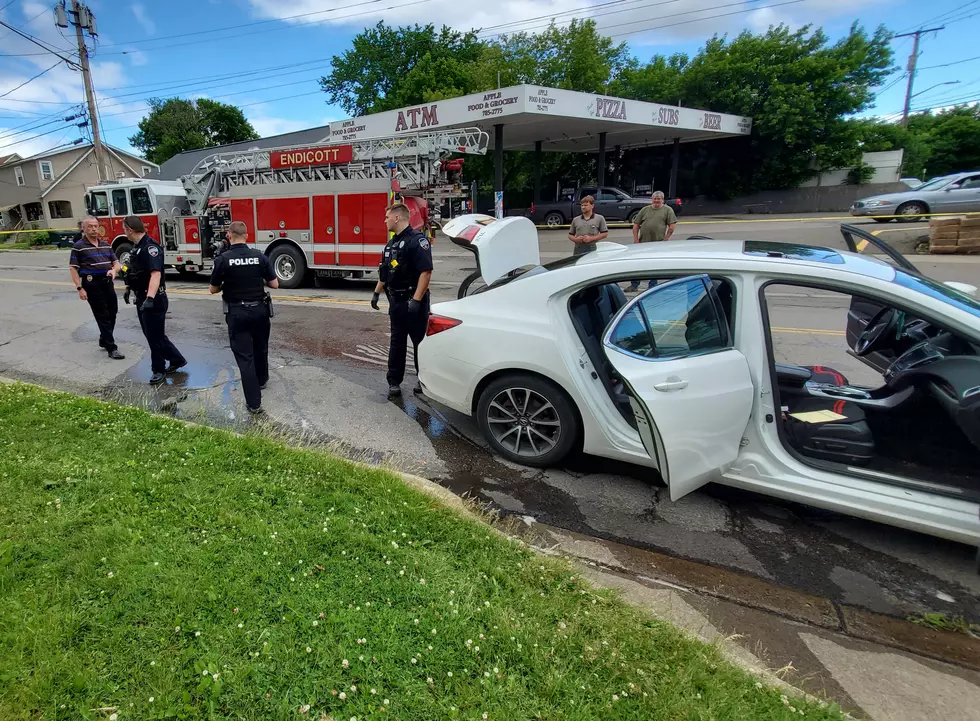 Endicott police on McKinley Avenue after a pedestrian was struck by a white Acura sedan. Photo: Bob Joseph/WNBF News