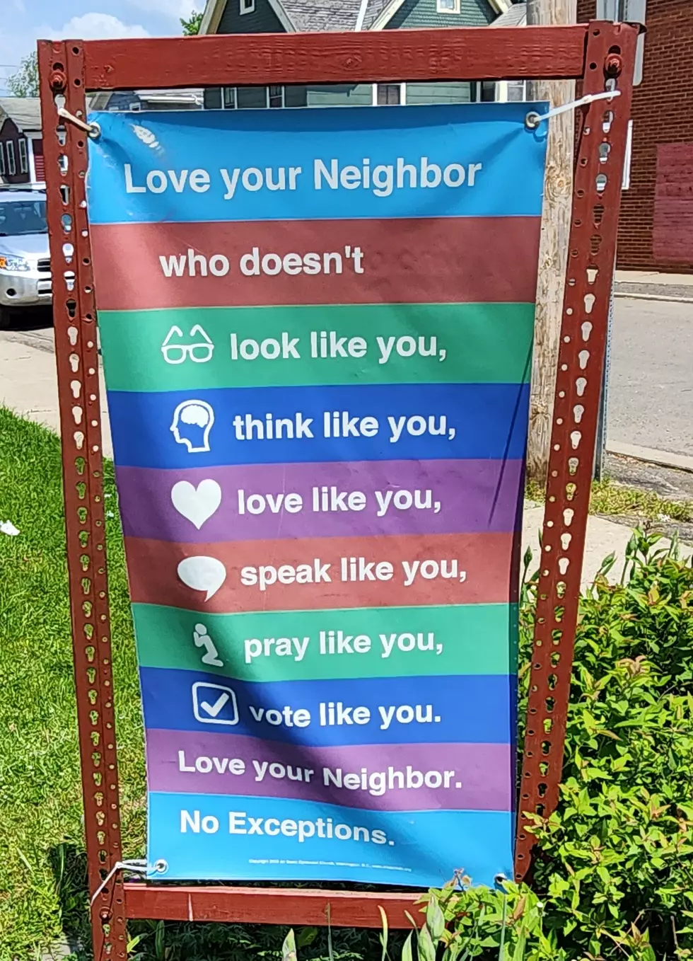 This banner at St. Pauls Episcopal Church at 117 Main Street in Owego caught the eye of Erie County Executive Mark Poloncarz. Photo: Bob Joseph/WNBF News