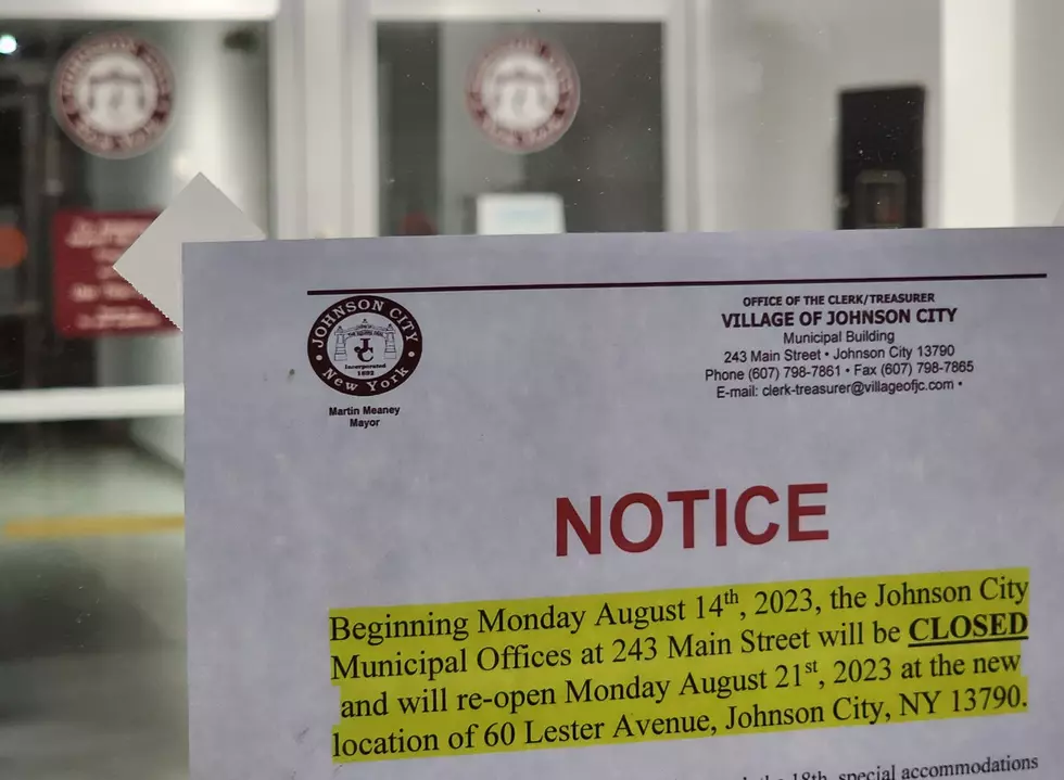 A sign at the now-closed Johnson City Municipal Building notes village offices have moved. Photo: Bob Joseph/WNBF News