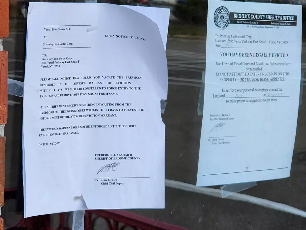Legal notices posted at the now-closed Storming Crab restaurant in Vestal. Photo: Bob Joseph/WNBF News