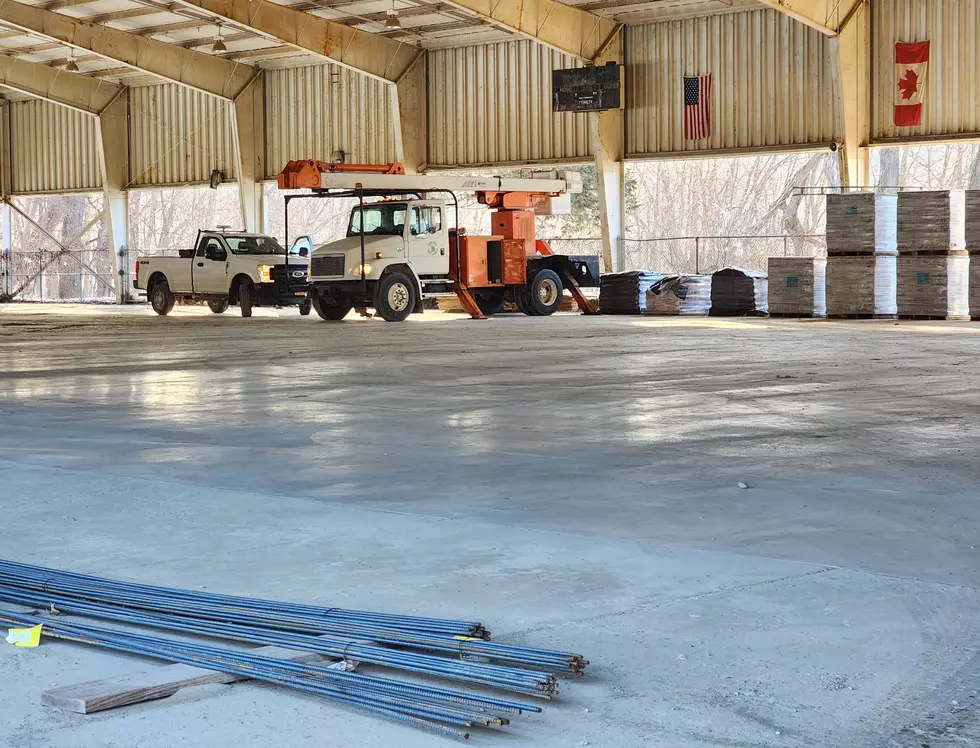 Vehicles and construction material inside the old Grippen Park ice rink building on February 20, 2024. Photo: Bob Joseph/WNBF News