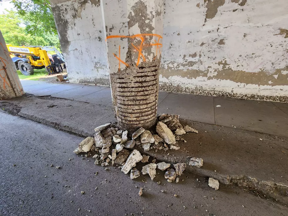 Chunks of concrete along the roadway under the Jarvis Street railroad bridge on July 29, 2024. (Photo: Bob Joseph/WNBF News)