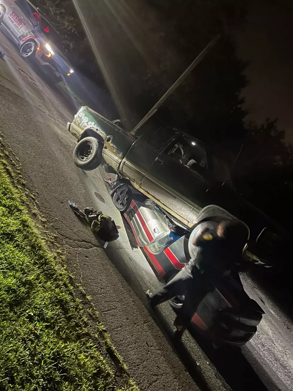A pickup truck wound up on top of a car after a dispute in Whitney Point on September 3, 2024. (Photo: Broome County Sheriff's Office)