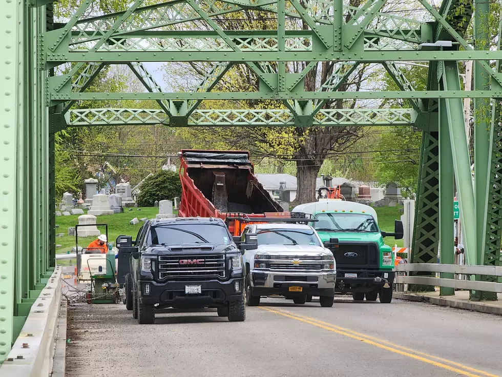 ZMK Construction vehicles line the north end of the Endicott-Vestal bridge on April 30, 2025. (Photo: Bob Joseph/WNBF News)