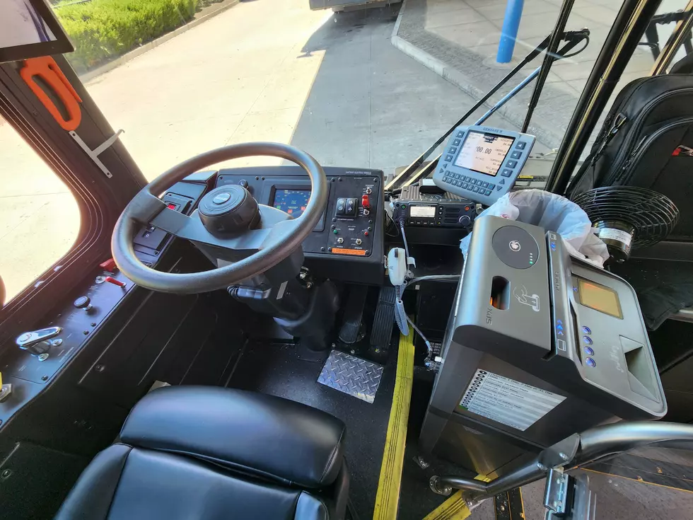Behind the wheel of a BC Transit battery electric bus on September 18, 2025. (Photo: Bob Joseph/WNBF News)