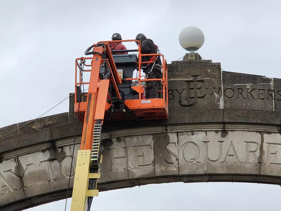 Workers inspected the Square Deal Arch in Johnson City on April 11, 2024. (Photo: Bob Joseph/WNBF News)