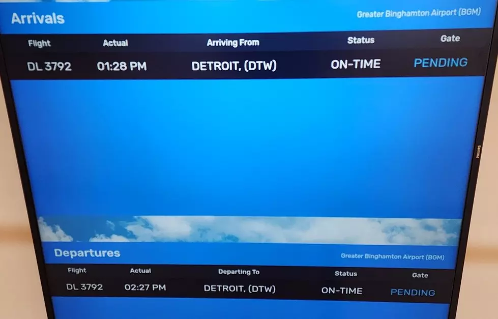 The arrivals and departures display in the terminal of the Greater Binghamton Airport on May 29, 2026. (Photo: Bob Joseph/WNBF News)