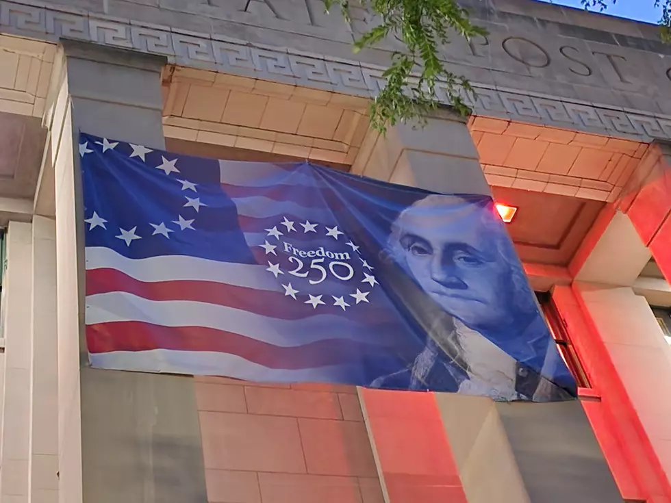 President George Washington is celebrated on a banner displayed on the Binghamton Federal Building. (Photo: Bob Joseph/WNBF News)