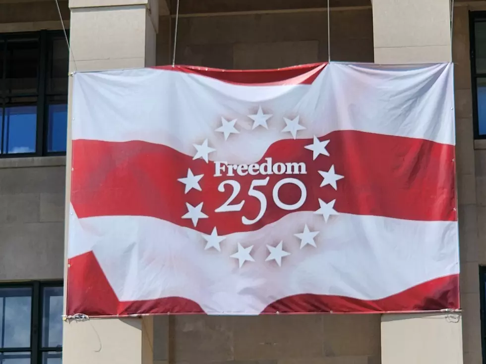 The "Freedom 250" logo appears on a banner at the federal building in downtown Binghamton on June 24, 2026. (Photo: Bob Joseph/WNBF News)