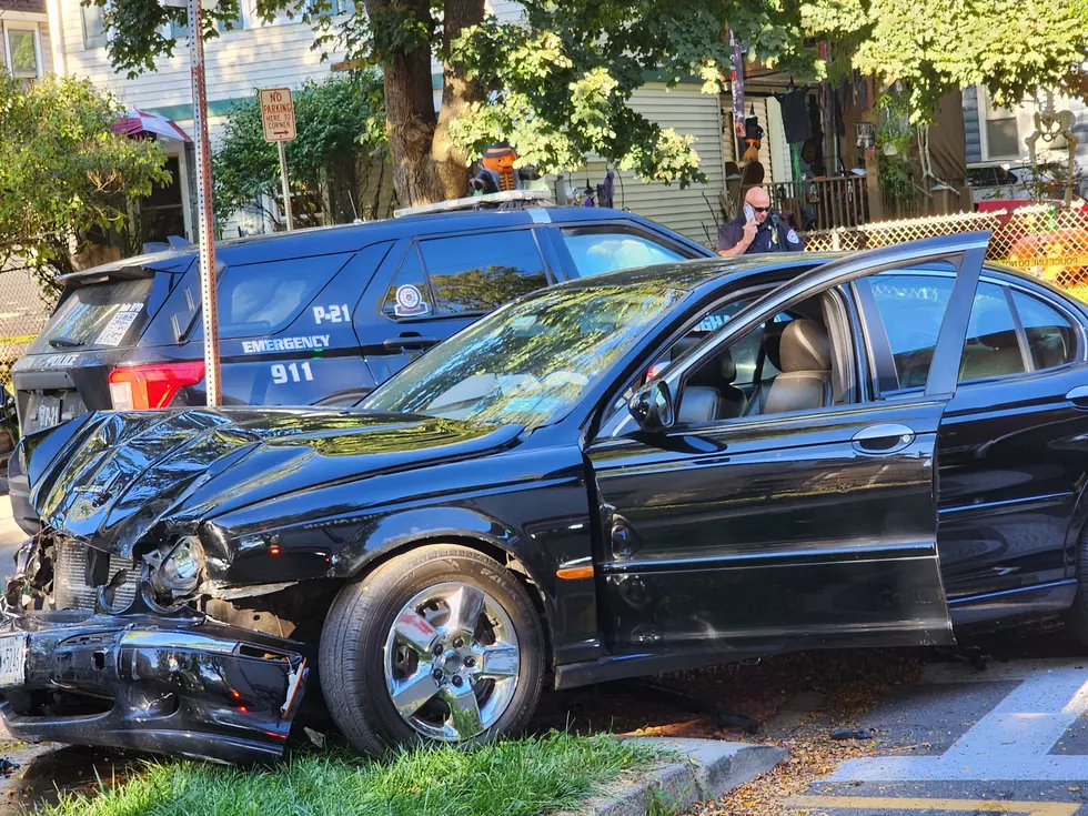 A 2006 Jaguar sedan was damaged in a collision at Baldwin and Belden streets on September 24, 2026. (Photo: Bob Joseph/WNBF News)