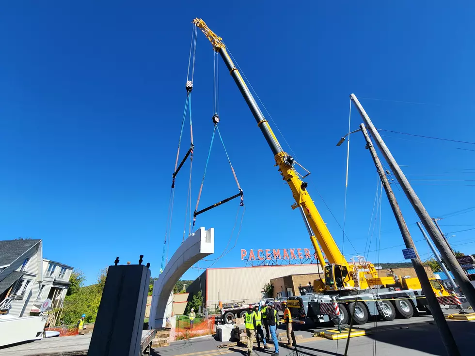A concrete section of the Square Deal Arch is lifted above Main Street at the Johnson City-Binghamton line on October 6, 2026. (Photo: Bob Joseph/WNBF News)