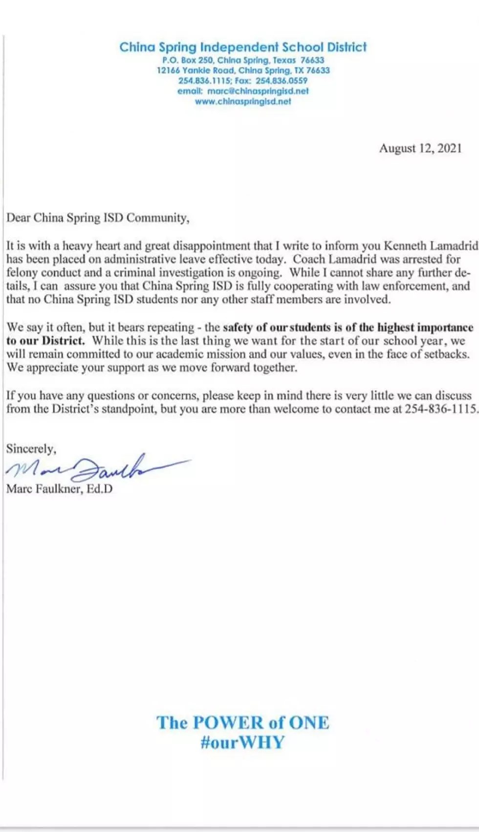 China Springs ISD press release