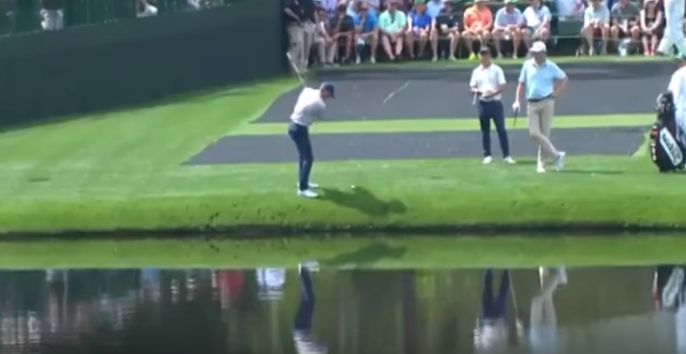 Texas Golf Pro Jordan Spieth Skips Ball Across Pond at Masters Tournament