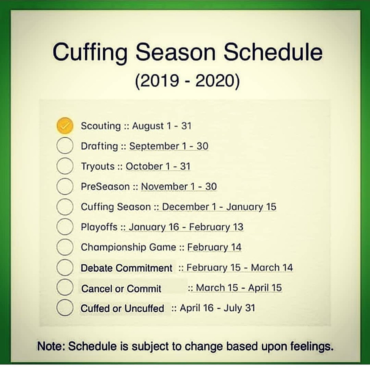 20192020 Cuffing Season Schedule