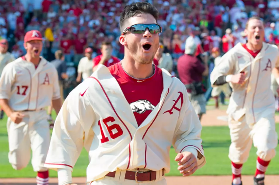 Fayetteville, AR. 6th June, 2015. Arkansas hitter Andrew Benintendi #16  reacts following a four called ball. The Missouri State Bears defeated the  Arkansas Razorbacks 3-1 in the second game of the Super