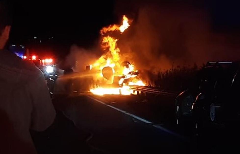 Vehicle Fire after Roll Over Crash on I-95, Waterville, Maine