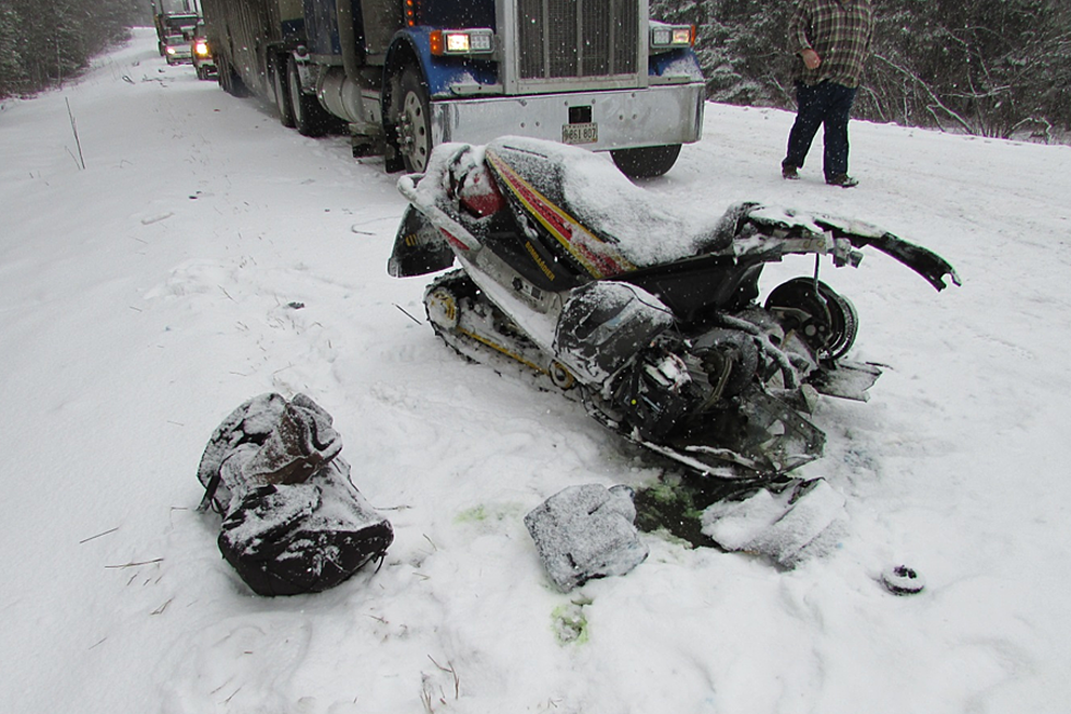 A Tractor Trailer Truck &#038; Snowmobile Crash on Route 11 in Masardis