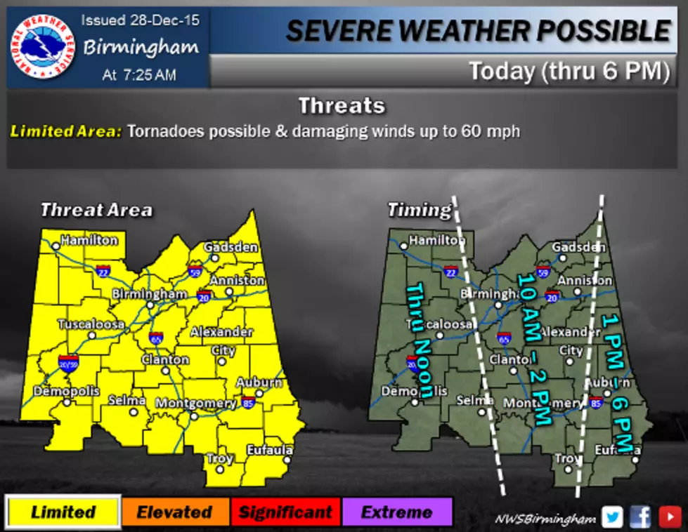 Tornado Watch in Effect Until 12 Noon Monday, December 28, 2015; University of Alabama Opens Storm Shelters Ahead of Severe Weather Event