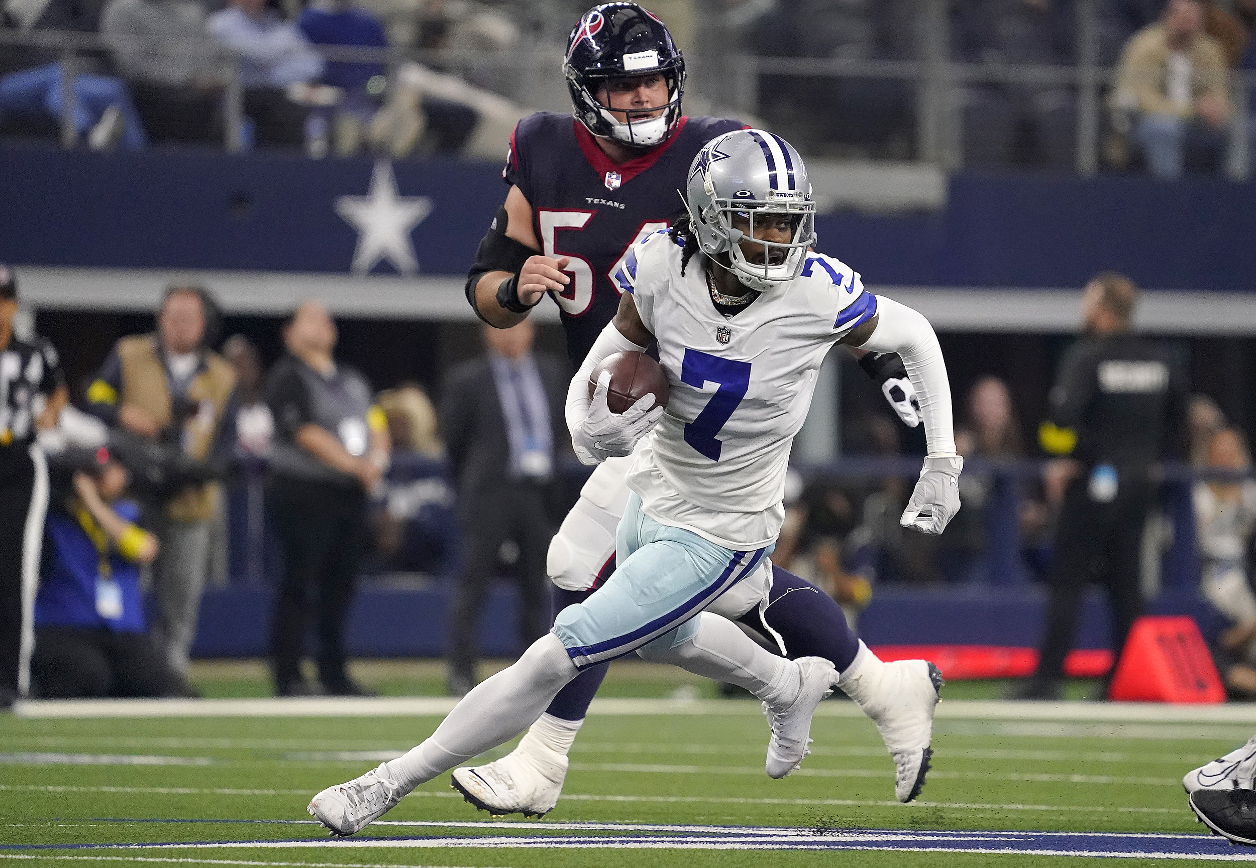 Dallas Cowboys cornerback Trevon Diggs (7) celebrates intercepting