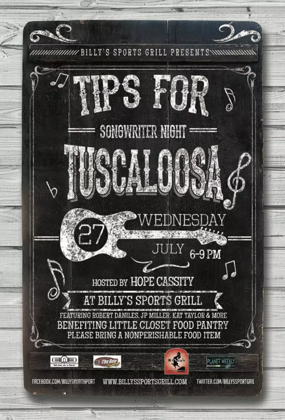 Join us at ‘Tips for Tuscaloosa’ Songwriter’s Concert Wednesday Night