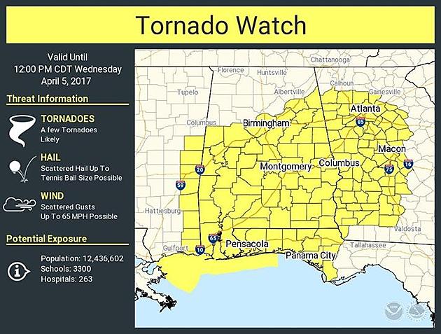 Tornado Watch Issued for Tuscaloosa County and Much of Alabama until 12 Noon Today