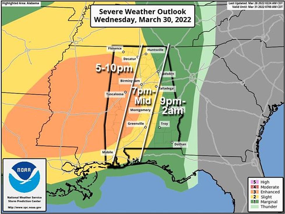 West Alabama Upgraded to Enhanced Risk for Severe Weather on Wednesday