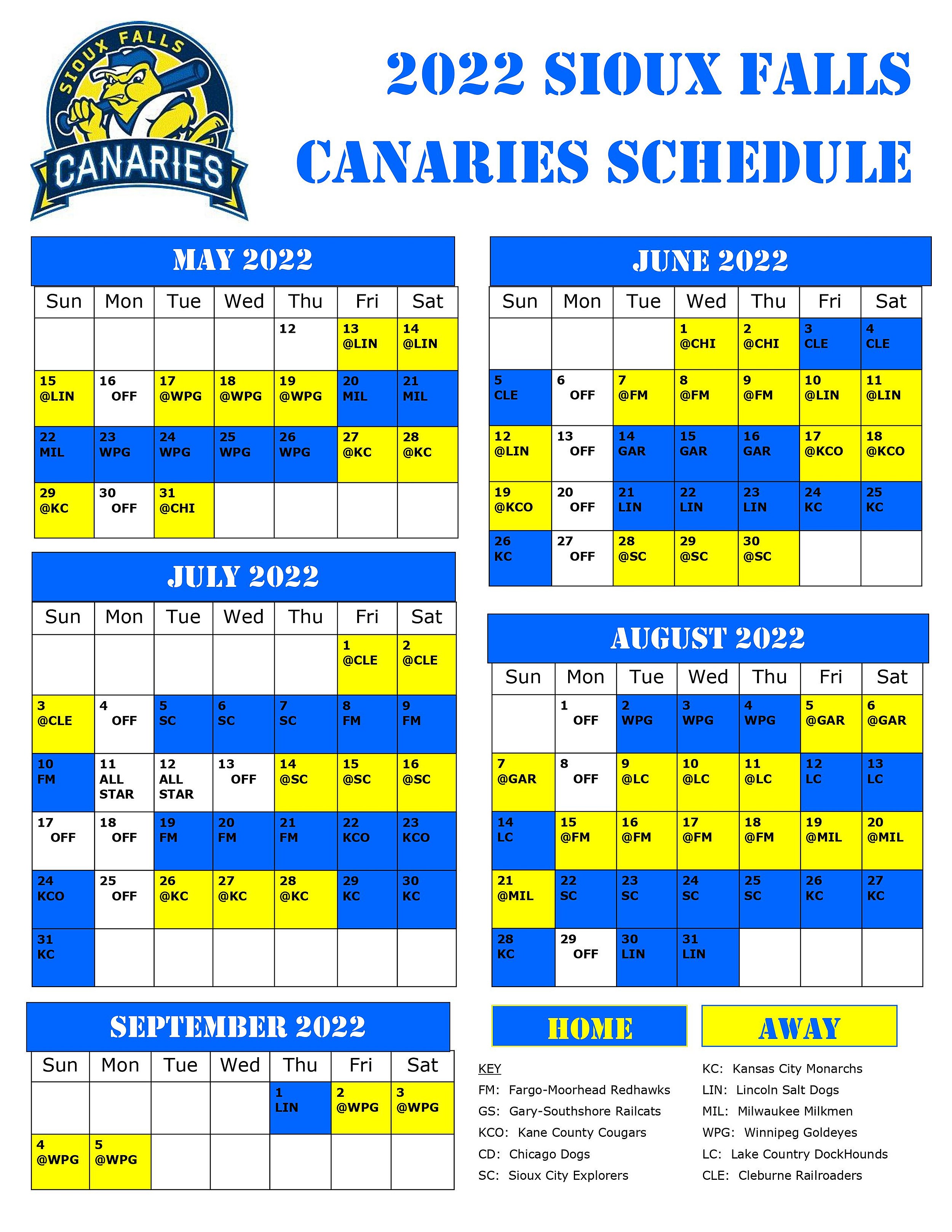Sioux Falls Canaries 2022 Schedule