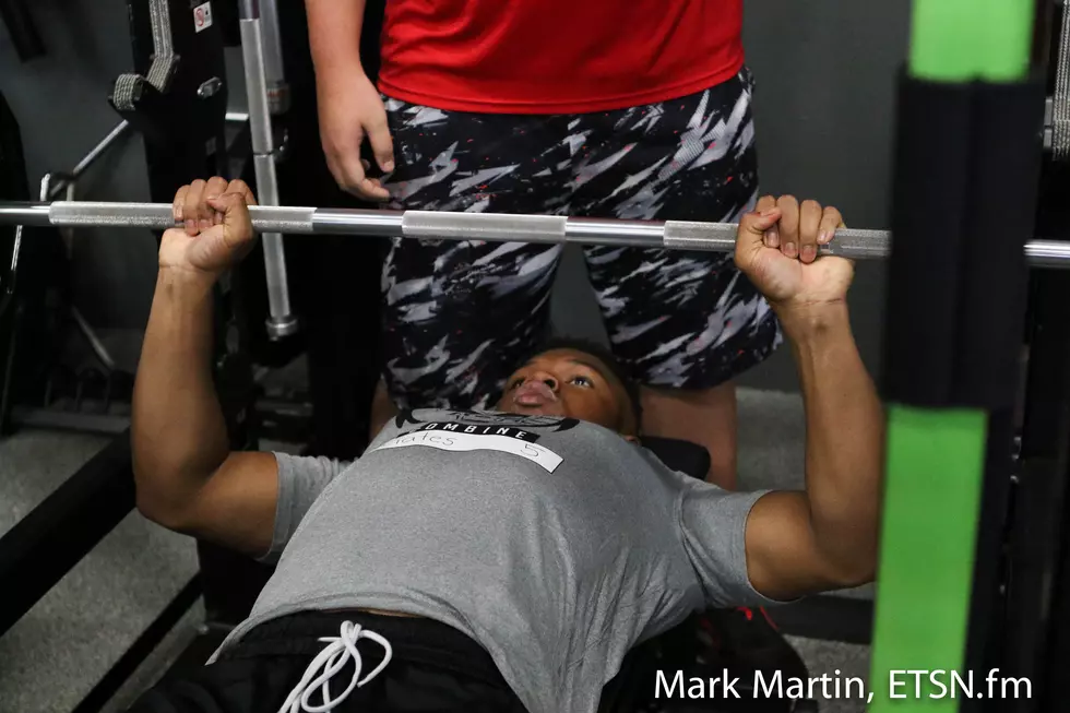 Carthage LB Mykel Gates works on the bench press during Sunday's ETSN Combine at APEC training facility in Tyler.