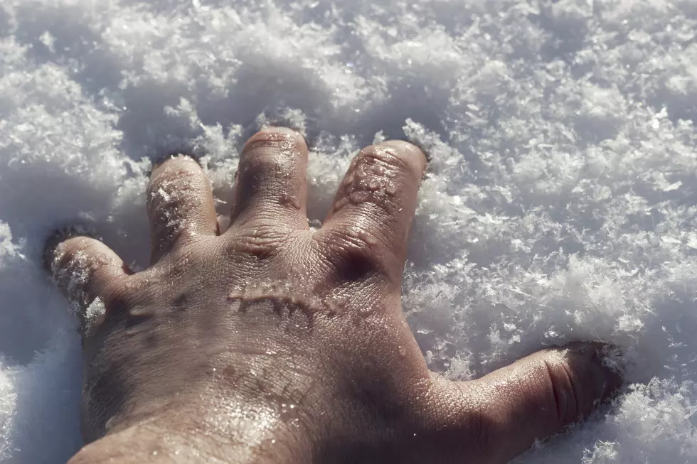 human hand in the snow close up on a frosty day