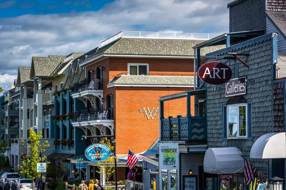 Businesses on West Street in downtown Bar Harbor, Maine.