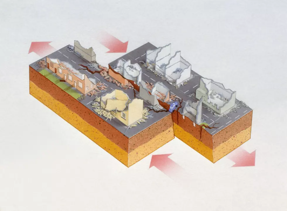 Illustrations showing tectonic plates moving in opposite directions along fault line underground, and destruction caused by earthquake above