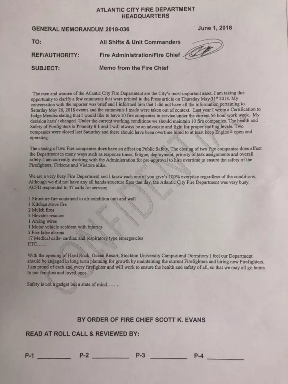Hurley Obtains Confidential Letter Written by A.C. Fire Chief Scott Evans