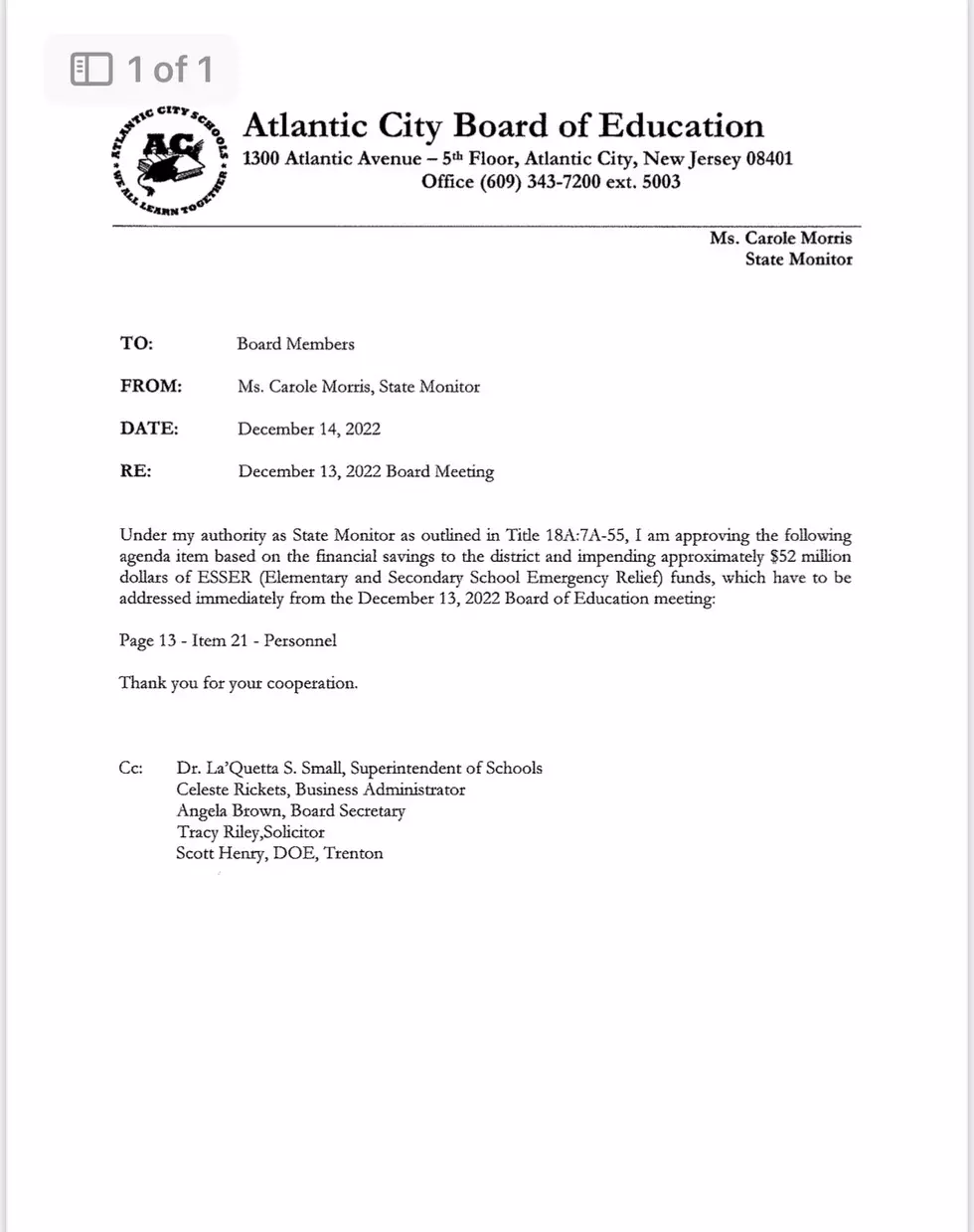 Atlantic City Board of Education letter.