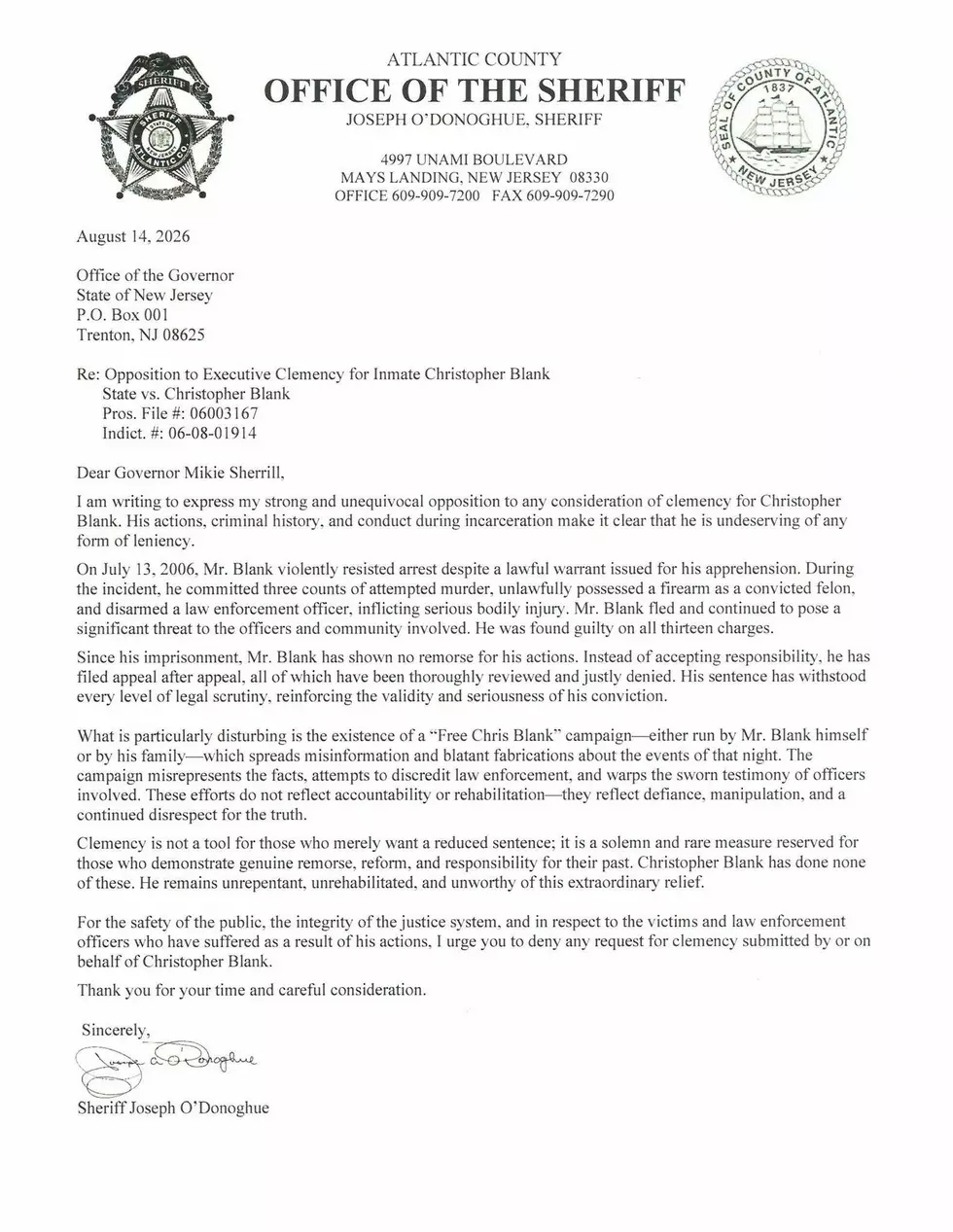 Atlantic County Sheriff Joe O&CloseCurlyQuote;Donoghue letter.
