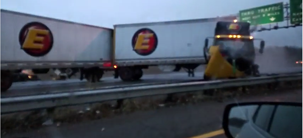 Semi-Truck Narrowly Misses Man Filming Car Accident