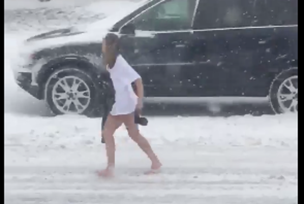 Woman Does the Coldest Walk of Shame Barefoot with No Pants in Snowstorm