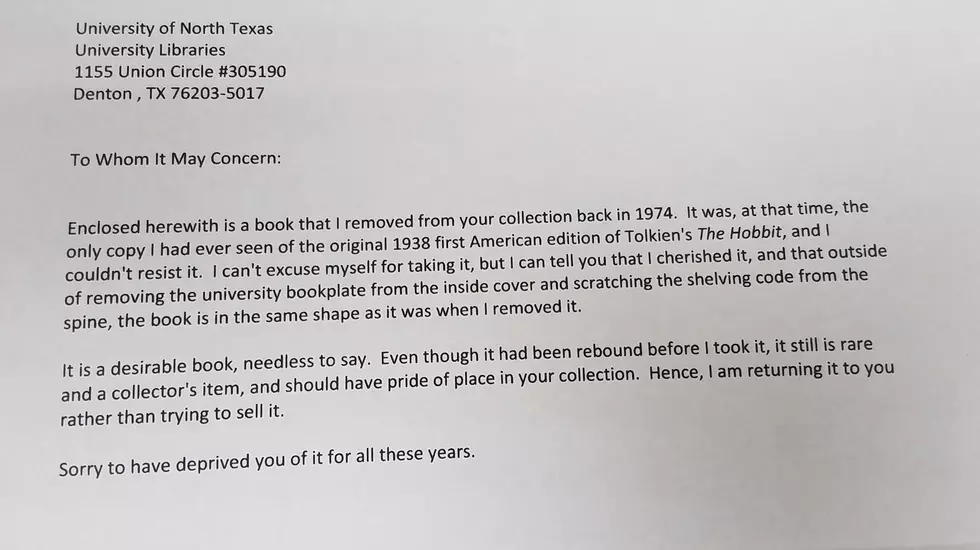 (UNT Libraries) A shot of the letter that arrived with the copy of The Hobbit that was previously stolen from the UNT Library