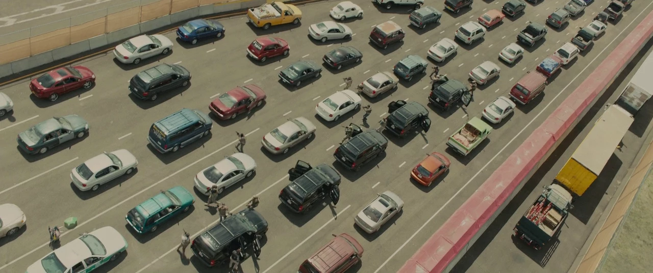 A shot from Sicario (2015) from the iconic border crossing scene that was filmed in El Paso
