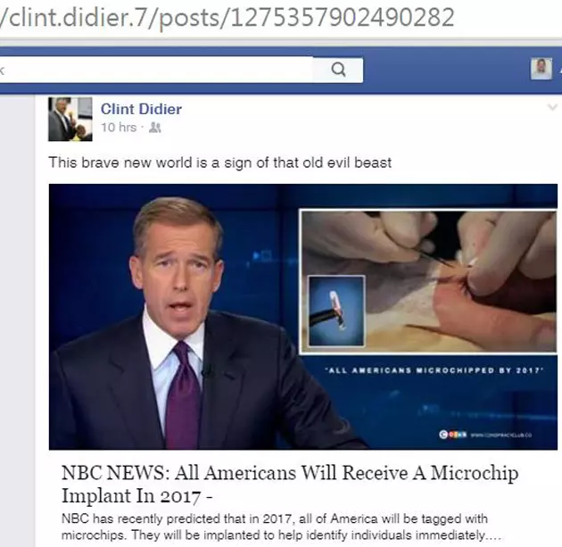Clint Didier Warns Facebook Fans Microchip Implants Are Sign of &#8216;Old Evil Beast&#8217;