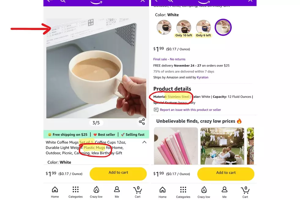 Screenshots showing a misleading coffee cup listing on Amazon Haul