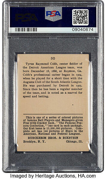 Cracker Jack Baseball Card of Detroit Tiger Ty Cobb at over $200K